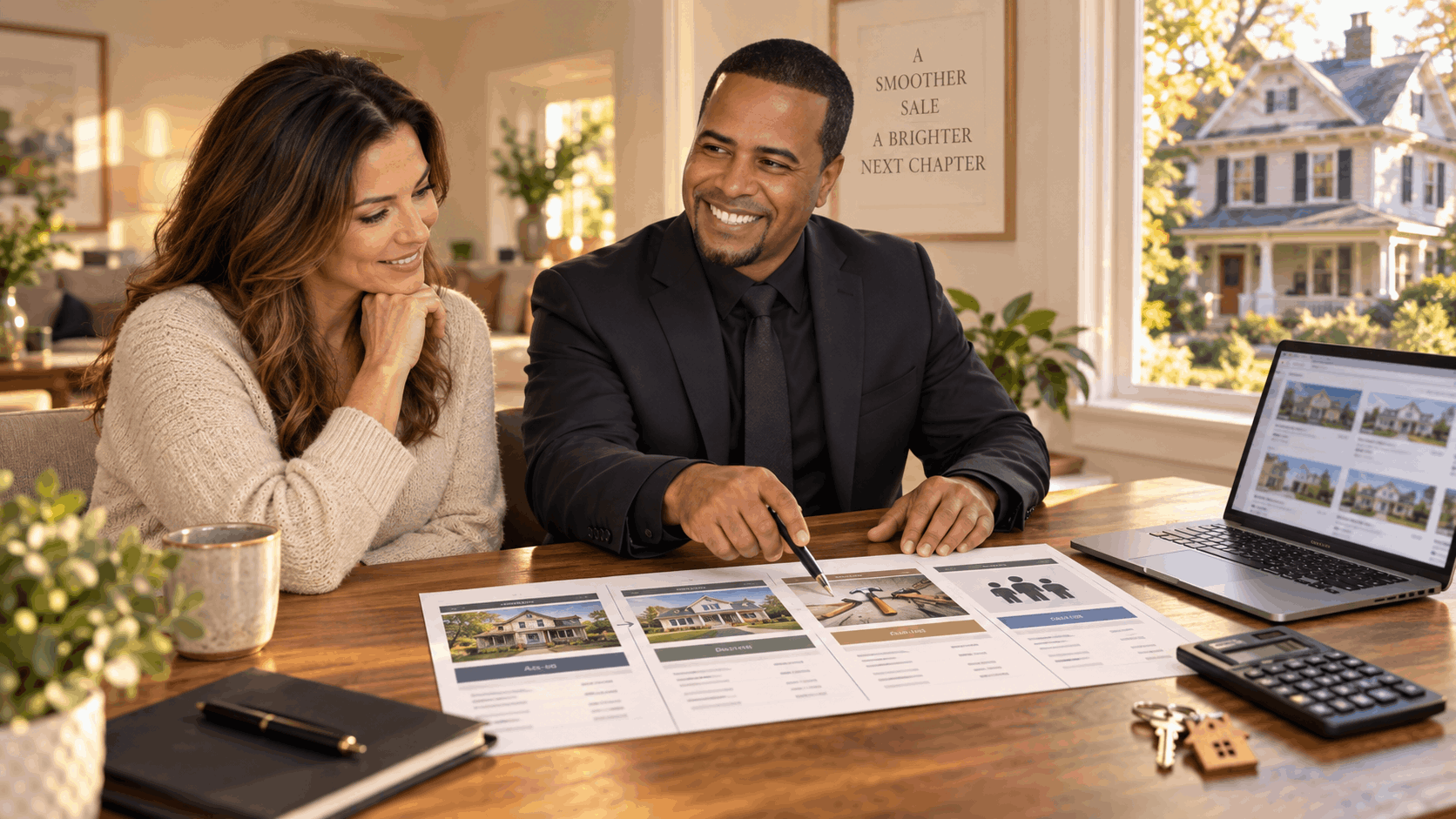 North Jersey homeowner meeting with a real estate agent to compare as-is value, renovation value, repair costs, and buyer options during a home-selling strategy session.