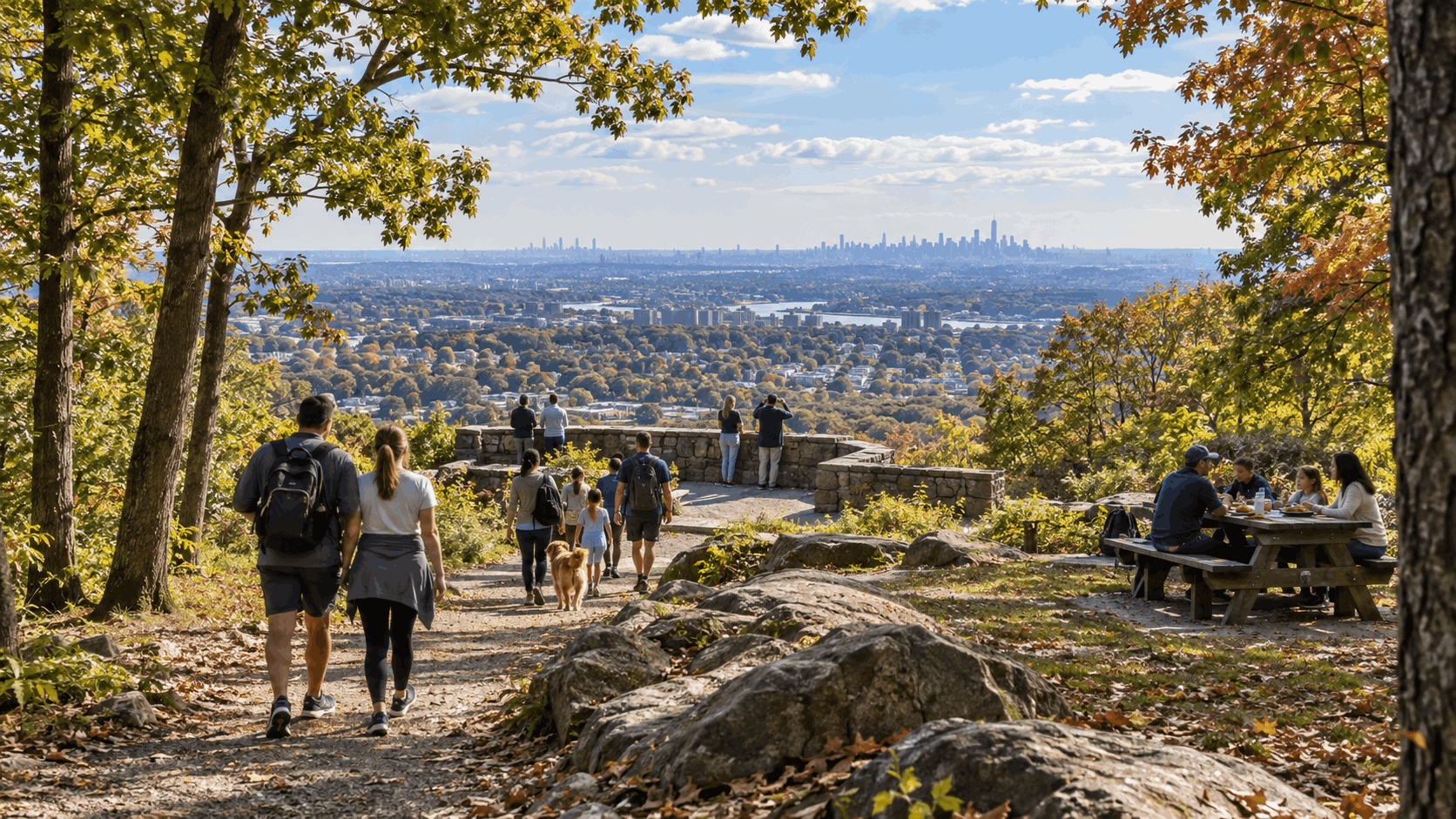 Scenic Garret Mountain Reservation in North Jersey with couples and families walking wooded trails toward a panoramic overlook of Passaic County and the distant Manhattan skyline.