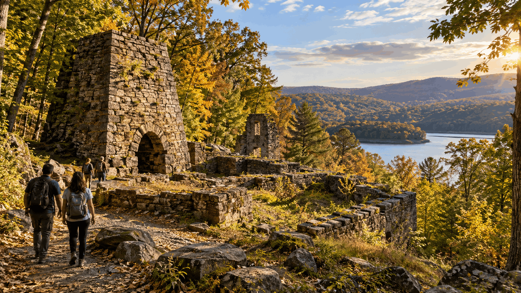 Historic Long Pond Ironworks landscape in West Milford, New Jersey with preserved stone furnace ruins, wooded hiking trails, reservoir views, and early fall foliage.