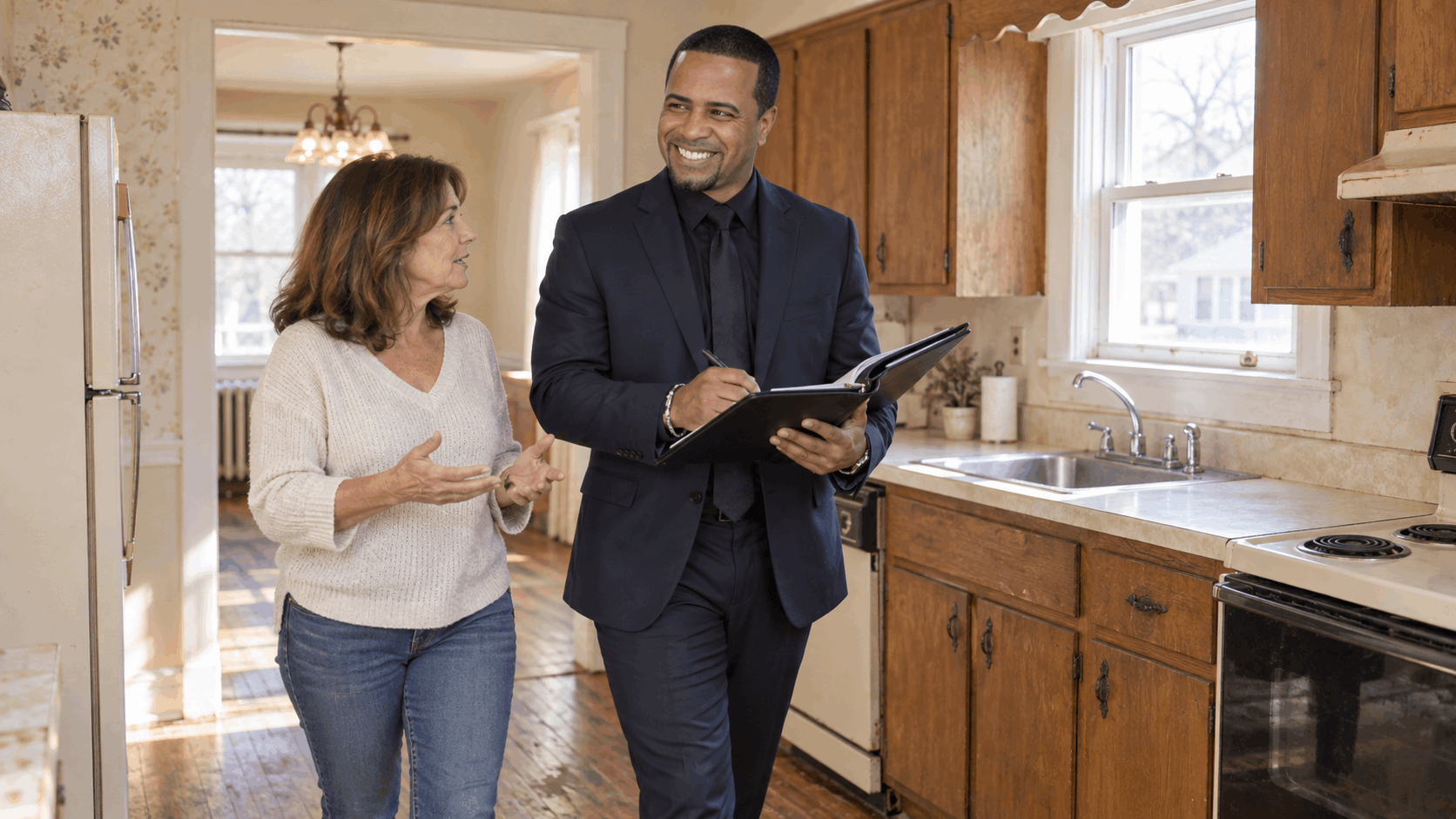 North Jersey real estate agent walking through an older as-is home kitchen with a homeowner, showing dated cabinets, older appliances, worn hardwood floors, and a clean interior that needs updating.