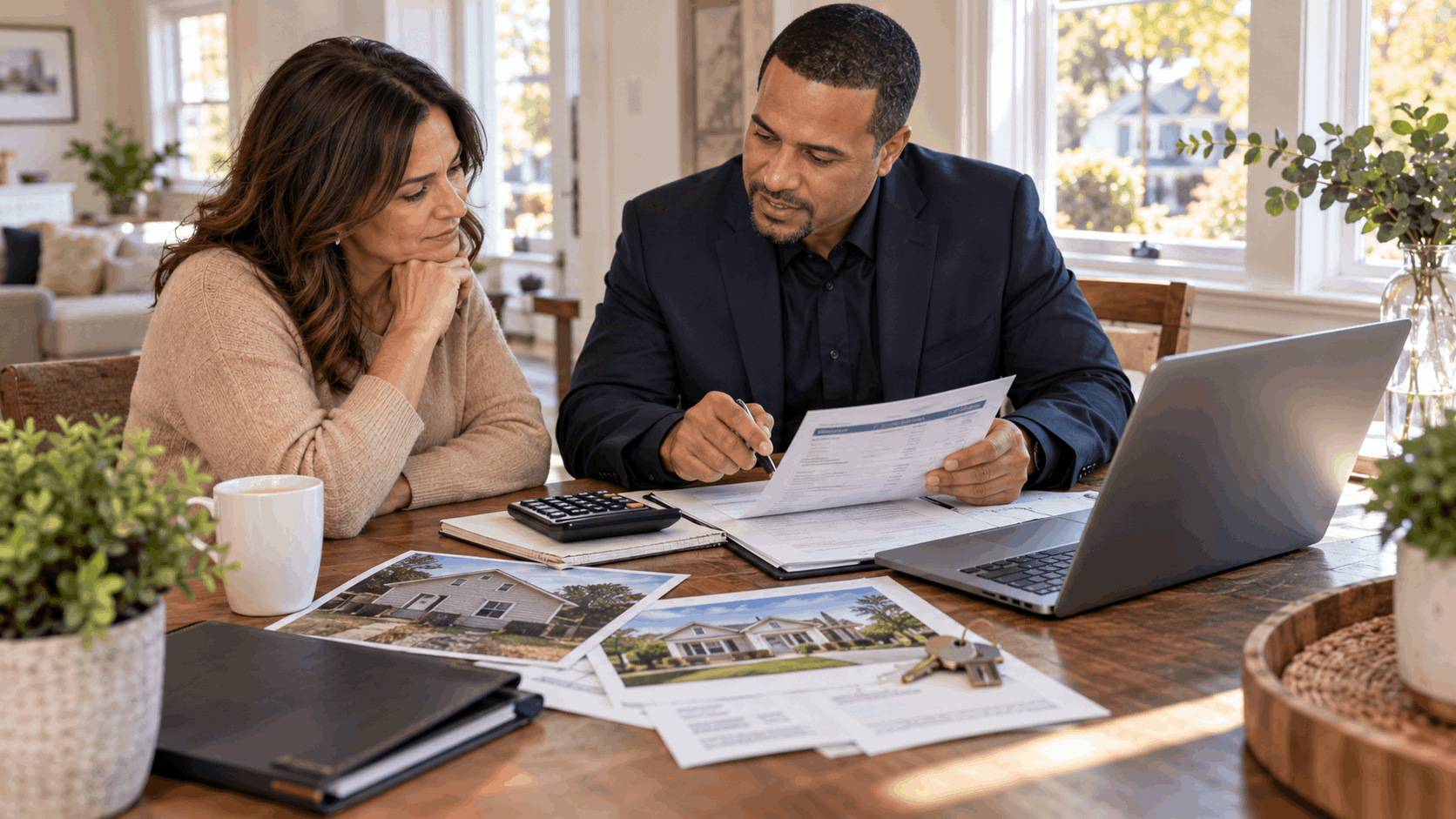 North Jersey homeowner reviewing mortgage payments, estimated home value, and a possible sale timeline with an experienced real estate agent during a private home-selling consultation.