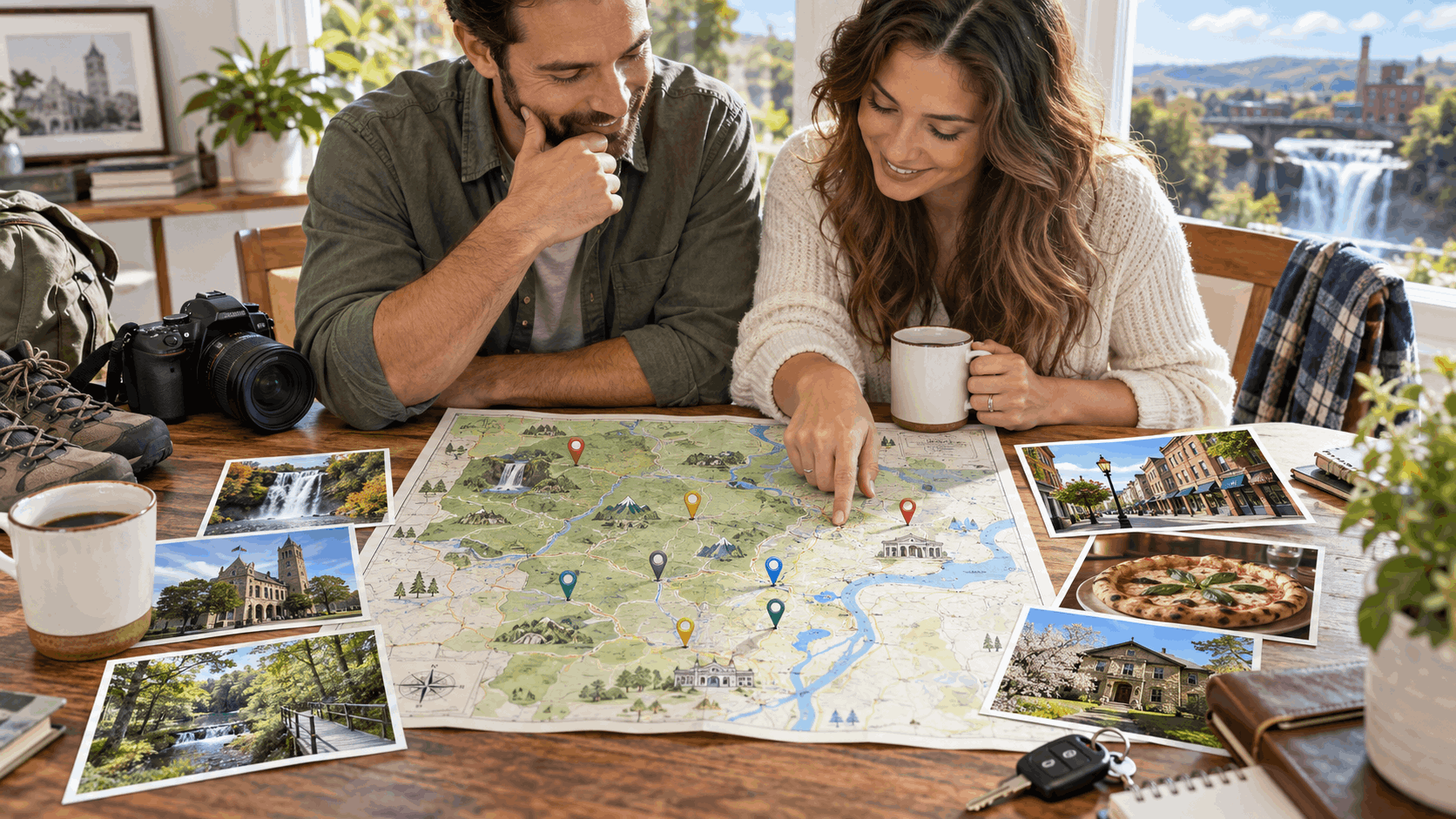 Couple planning a North Jersey day trip with a regional map, destination photos, camera, walking shoes, coffee, and car keys highlighting historic sites, nature trails, local food, and downtown shopping.