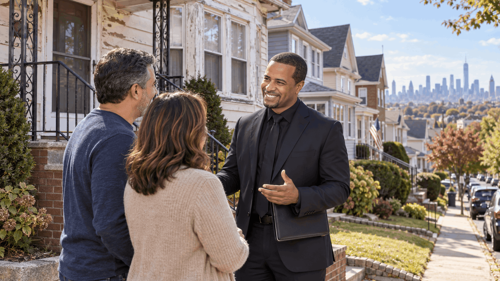 North Jersey real estate agent meeting homeowners outside an older home in a Clifton or Paterson style neighborhood, with established houses and the New York City skyline in the distance.