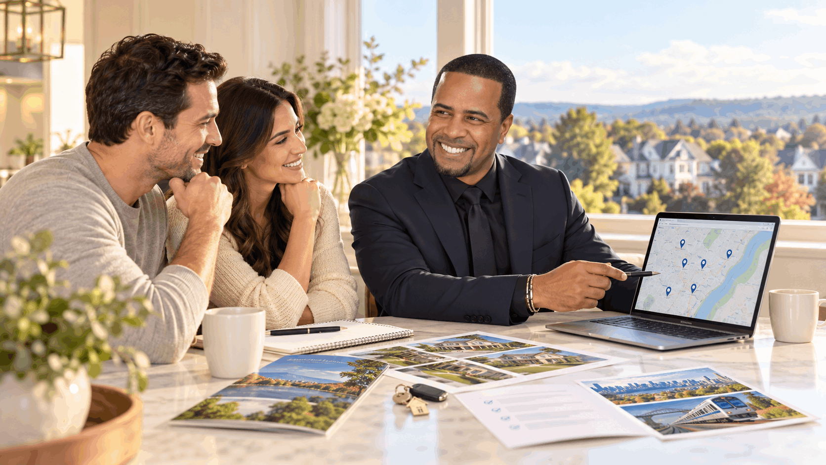 North Jersey homebuyers meeting with a local real estate agent to compare neighborhoods, commute options, local attractions, and available homes during a community and home-search consultation.