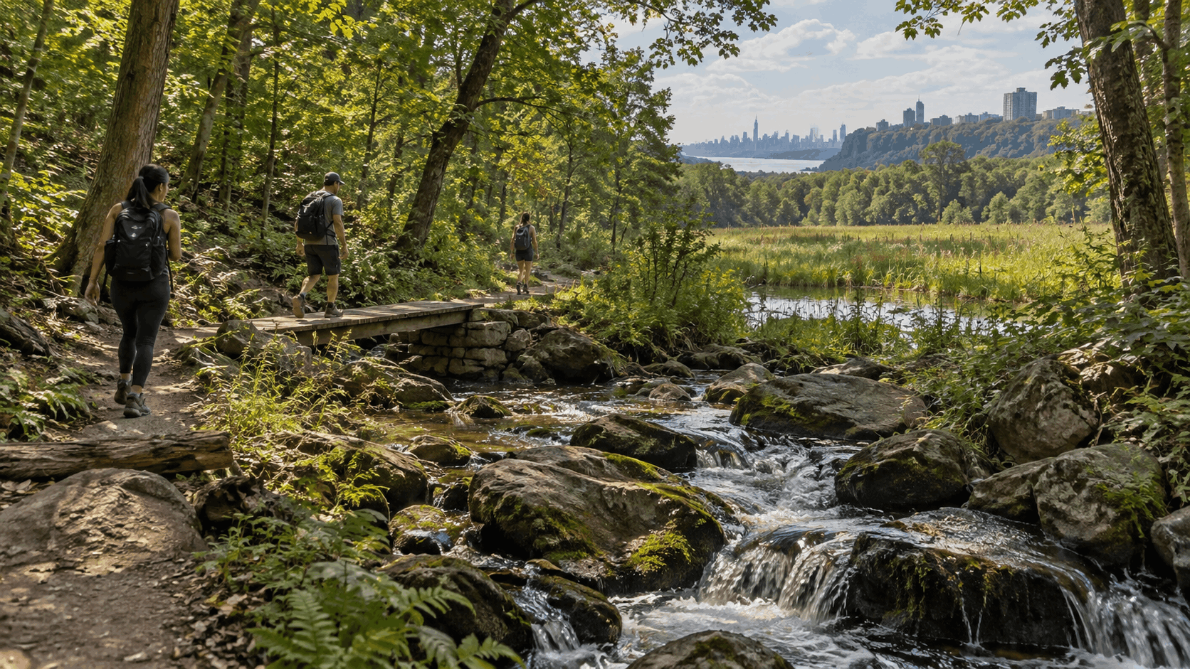 Wooded hiking trail at Flat Rock Brook Nature Center in Englewood, New Jersey with a rocky stream, wetlands, hikers, and a distant North Jersey and New York City skyline view.