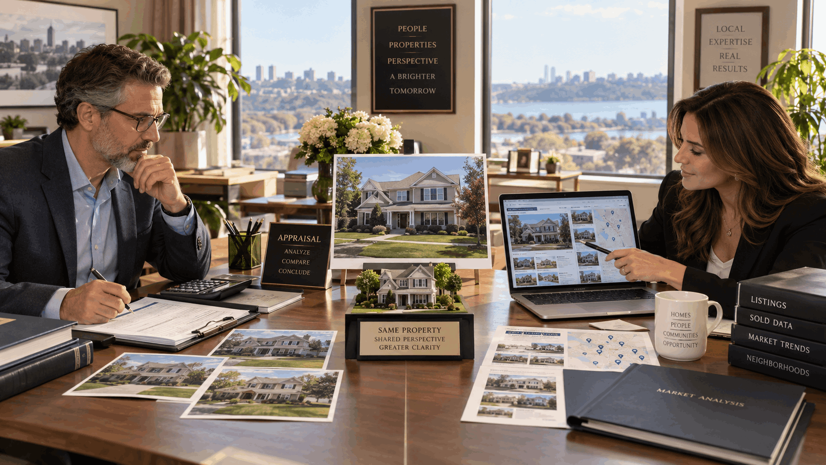 Side-by-side real estate valuation consultation showing an appraiser reviewing historical comparable sales and a Realtor analyzing current North Jersey listings for the same inherited home.