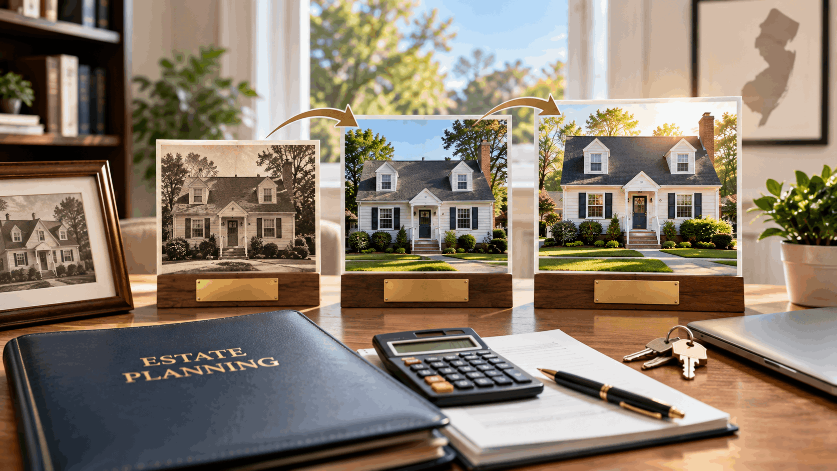 Stepped-up basis concept for an inherited New Jersey home showing property value progression from original value to date-of-death value and later sale value.