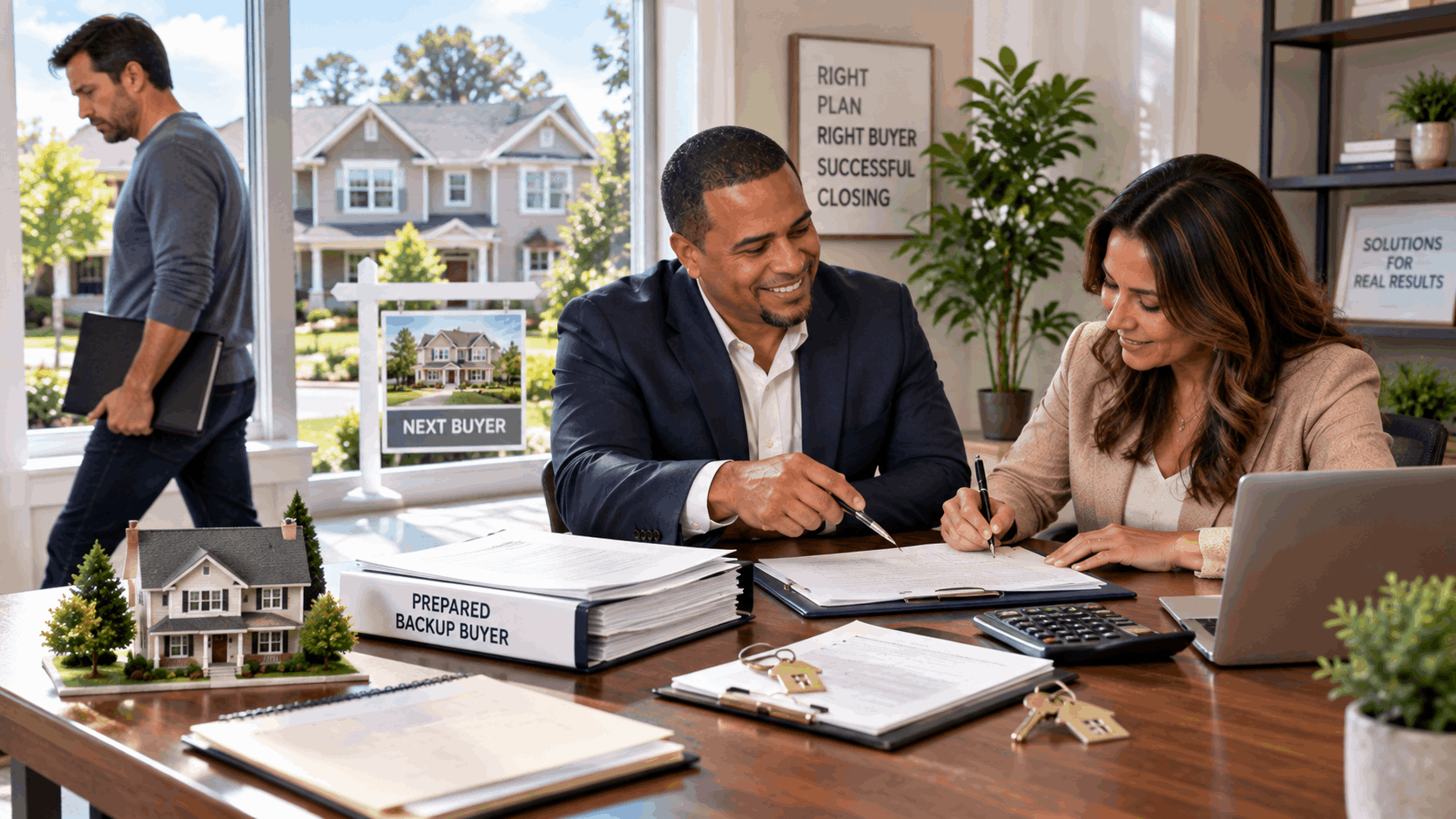 North Jersey short sale transaction showing a backup buyer reviewing contract documents with a real estate professional as the original buyer steps away from the deal.