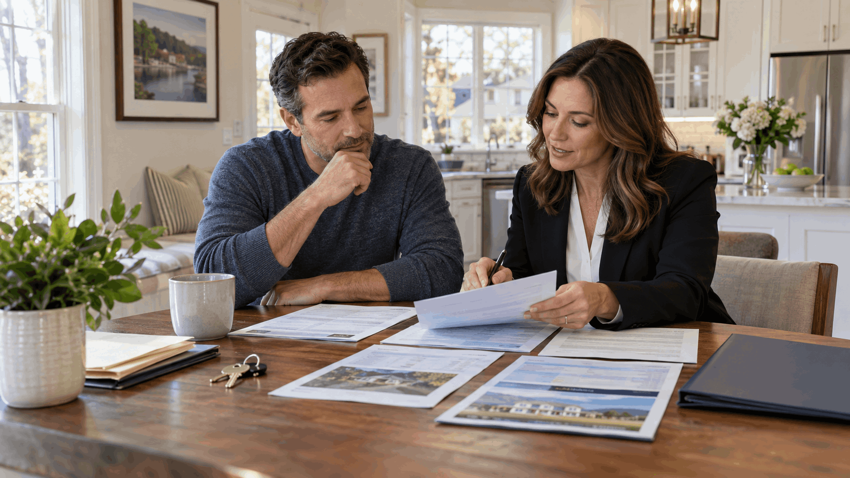 North Jersey homeowner reviewing mortgage statements, property taxes, home value, and short sale options with a real estate professional before foreclosure becomes urgent.