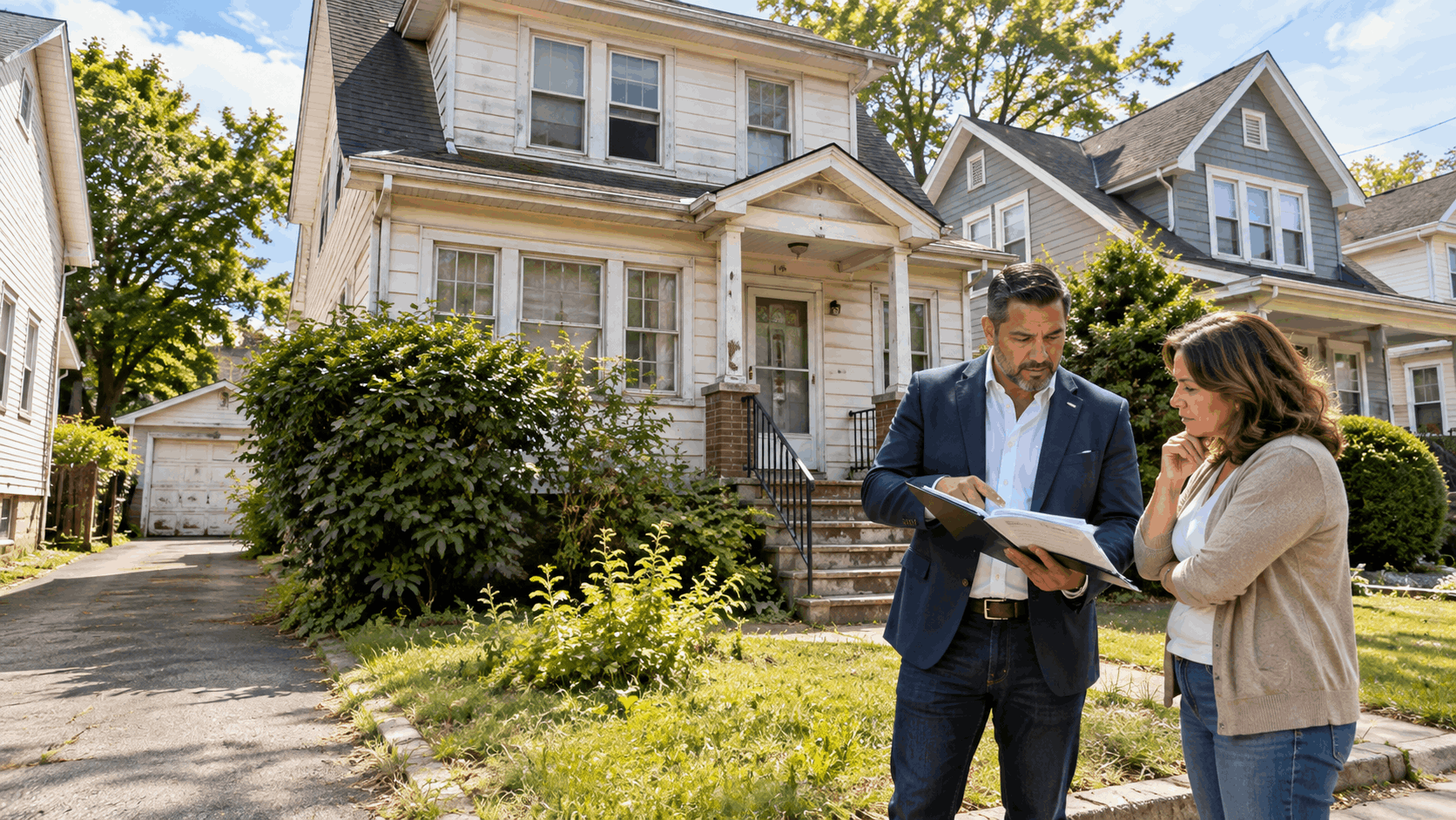 Adult heir and real estate professional reviewing options outside an inherited North Jersey home needing moderate repairs and landscaping updates.