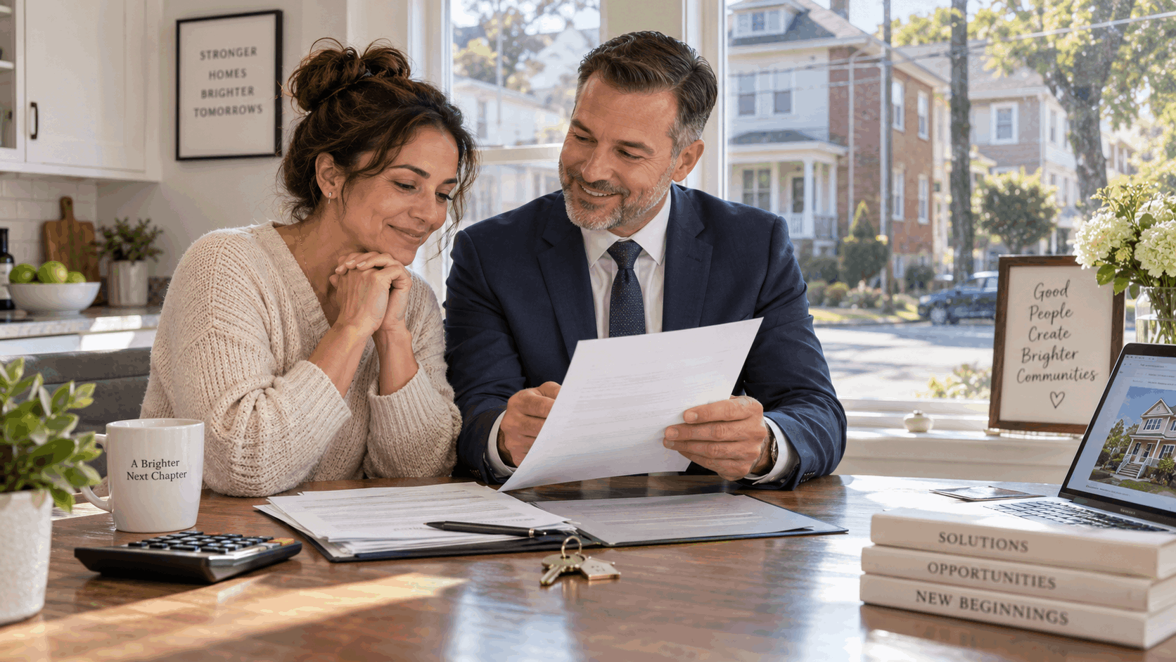 North Jersey homeowner reviewing a short sale approval letter with a real estate professional at a kitchen table with mortgage documents, calculator, house key and property listing.