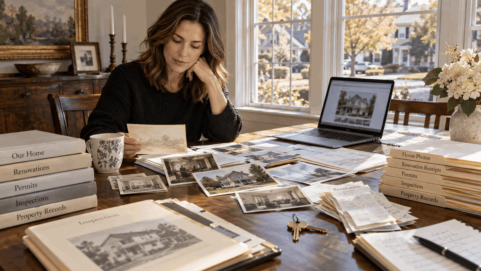 Adult heir organizing historical property records, renovation receipts, permits, inspection documents and old home photos for an inherited New Jersey house appraisal.