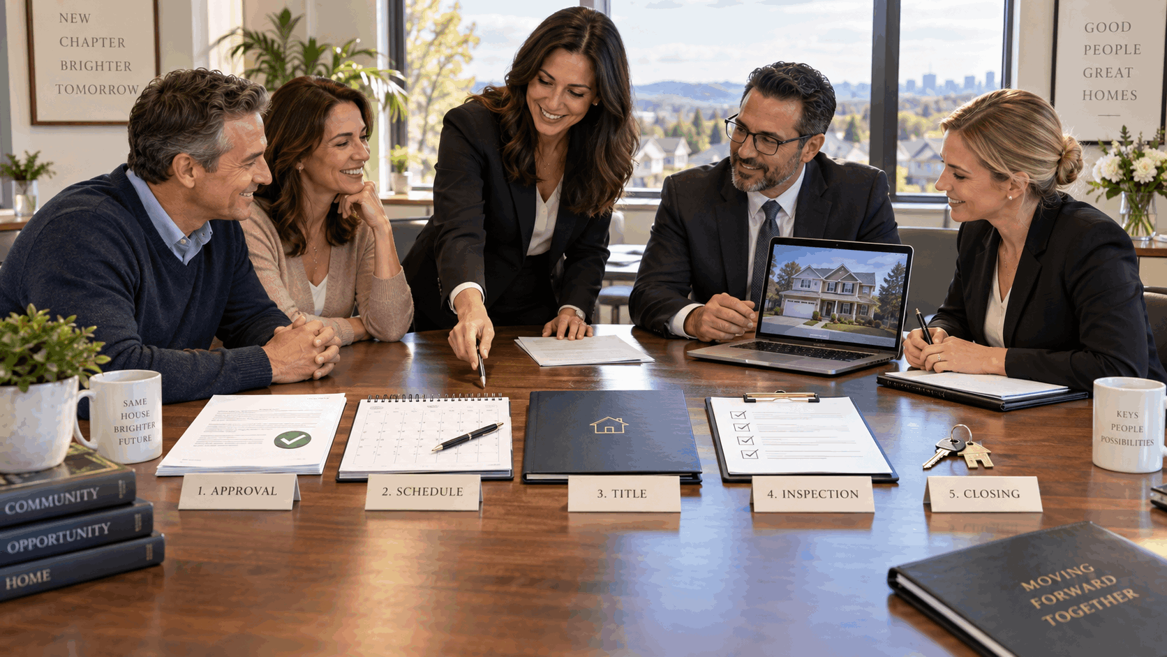 Seller, buyer, real estate agent, attorney and title professional coordinating a North Jersey short sale closing with approval, title, inspection, calendar and house key documents.