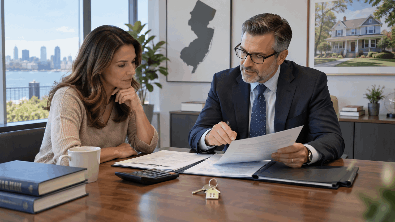 Adult heir meeting with an estate planning professional to review property records, taxes and next steps for an inherited New Jersey home.