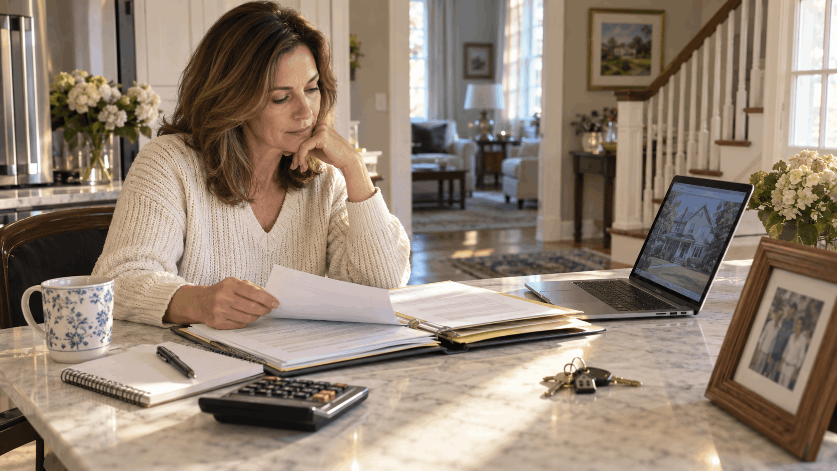 Executor reviewing estate paperwork at a kitchen table inside an inherited North Jersey home, with house keys, calculator, notebook, laptop and framed family photo nearby.