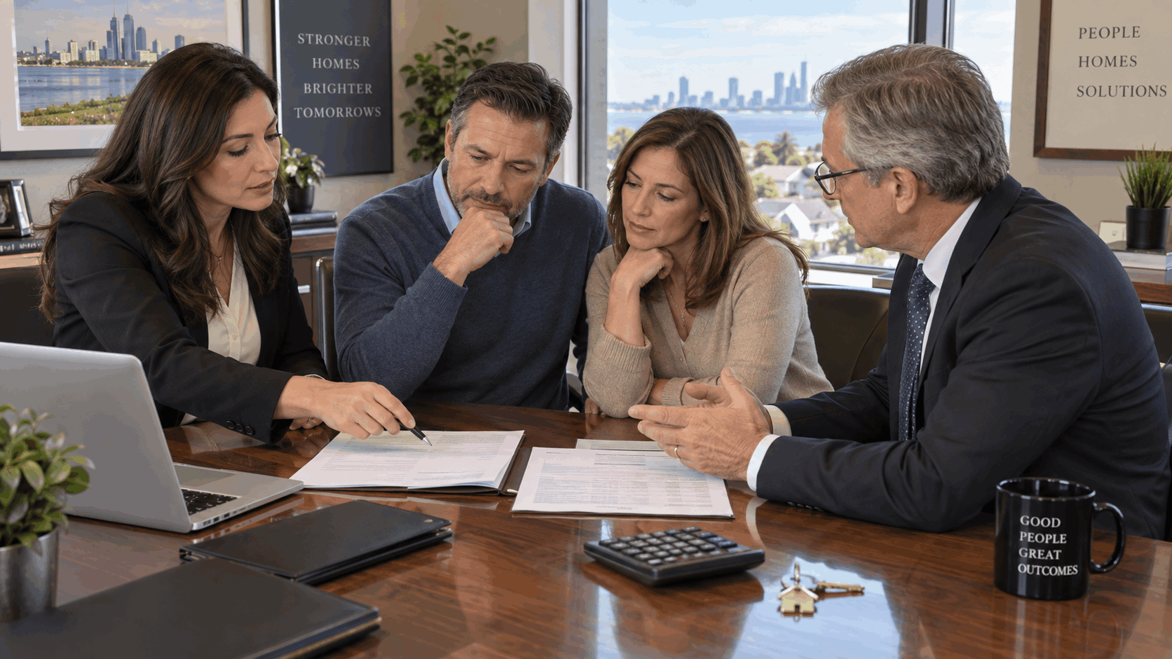 New Jersey homeowner reviewing a short sale deficiency issue with a real estate professional and attorney at a conference table with approval documents, calculator and house key.