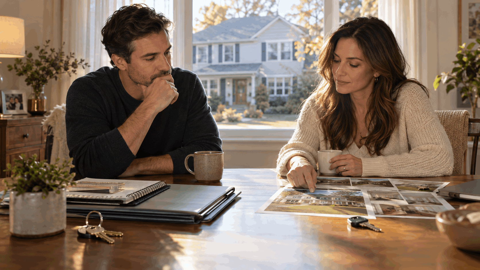Adult siblings discussing whether to keep or sell an inherited North Jersey home, with rental and listing materials on the table as they review their options.