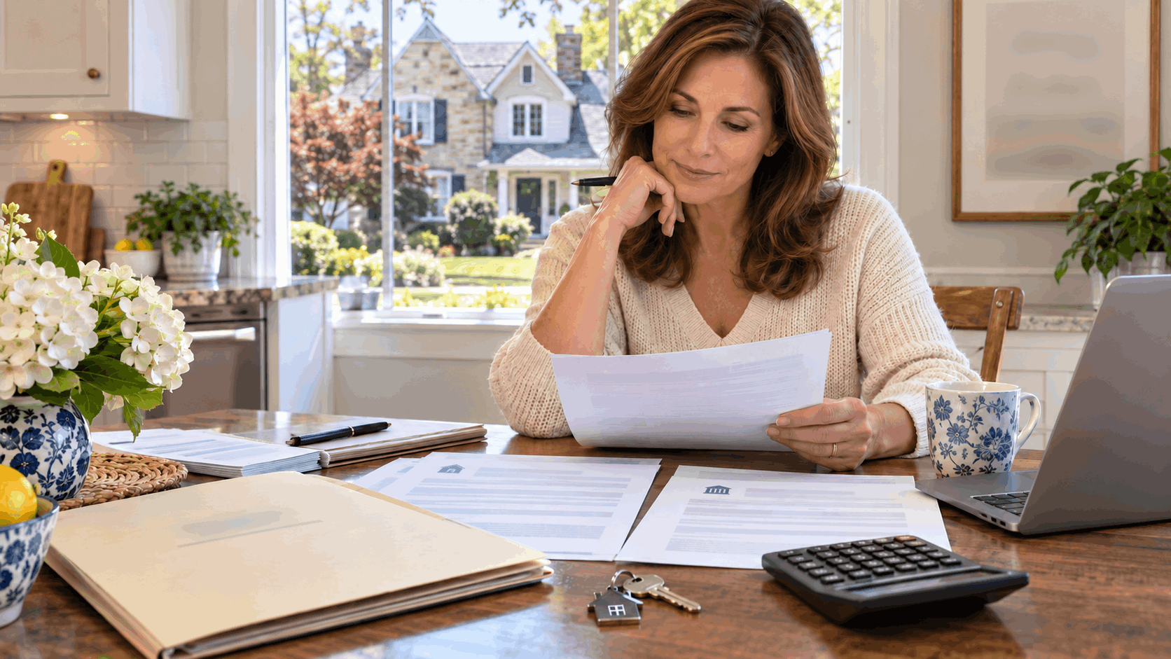 North Jersey heir reviewing mortgage statement, property tax notice, estate folder, house key, and calculator at a bright kitchen table with an older single-family home visible through the window.