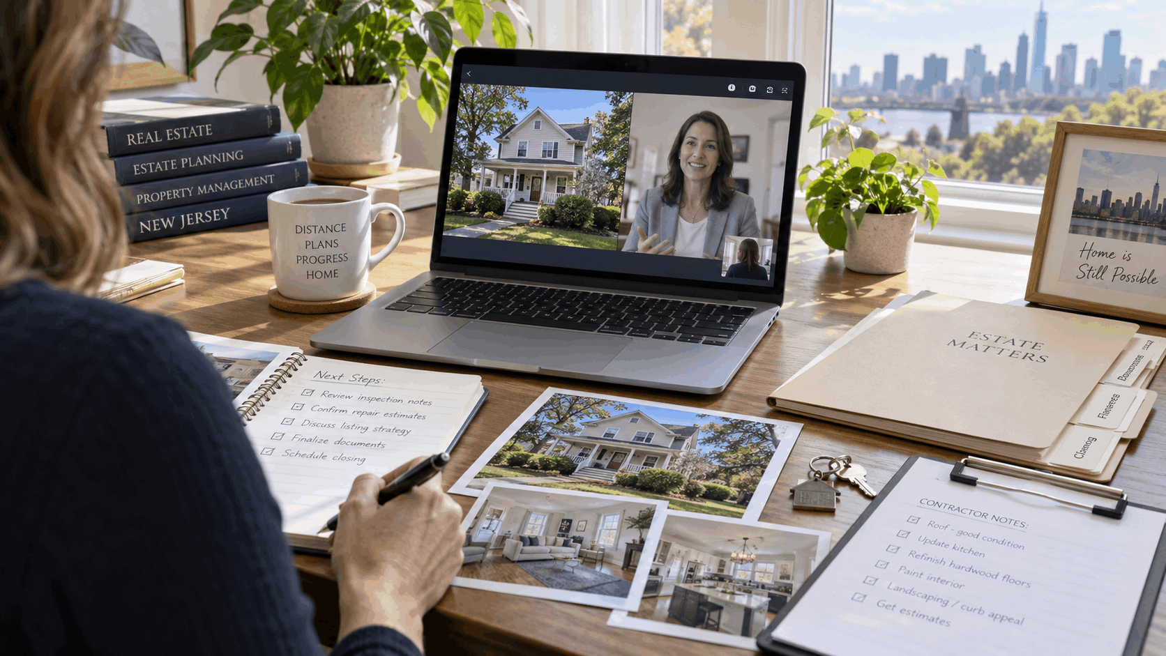 Out-of-state executor managing a North Jersey inherited home remotely through a video call with a local real estate professional, with property photos, estate documents, contractor notes, and house keys on the desk.