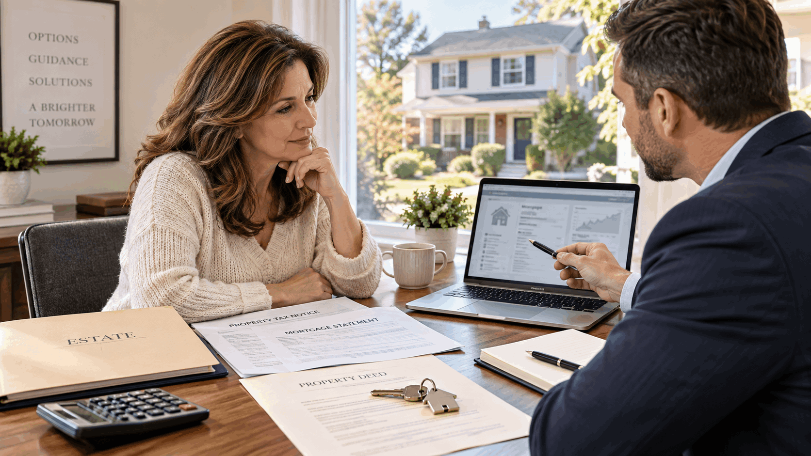 Surviving heir speaking with a mortgage servicing professional about an inherited North Jersey home, with mortgage documents, property deed, house key, and laptop on the desk.