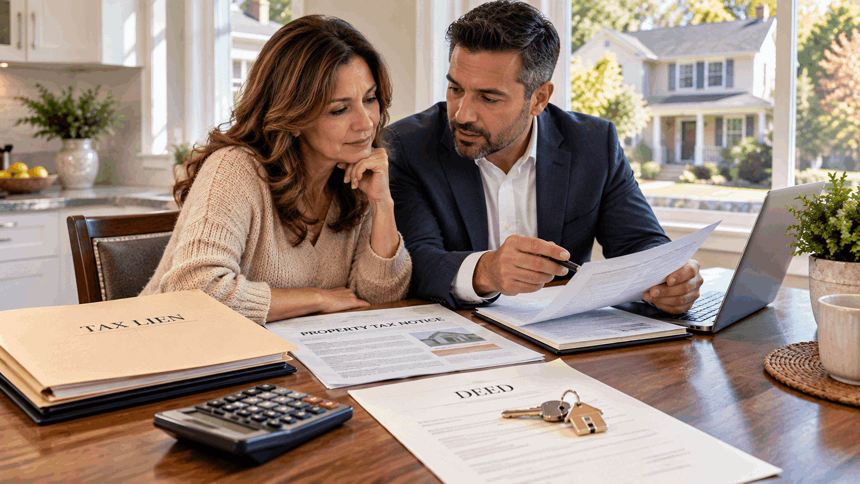 North Jersey homeowner and real estate professional reviewing unpaid property taxes, tax lien documents, deed, calculator, and house key before selling an inherited home.