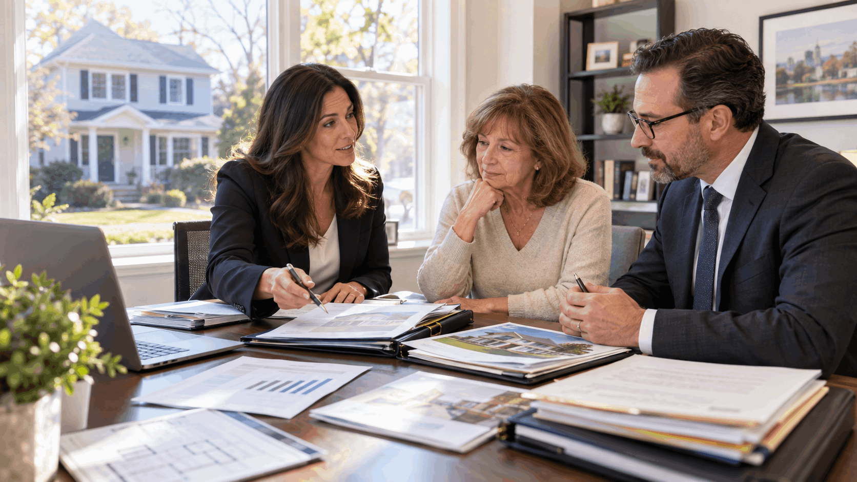 North Jersey probate and short sale strategy meeting with a real estate professional, executor, and attorney reviewing estate documents, property valuation, mortgage hardship information, and buyer offer folders.