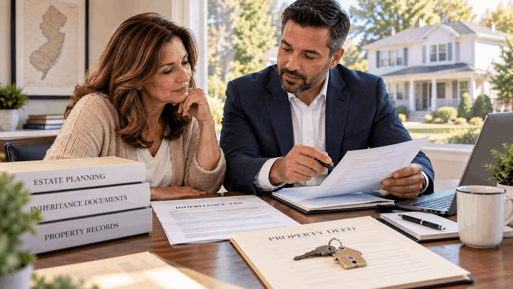 New Jersey homeowner and real estate professional reviewing inheritance tax documents, property deed, estate records, and house keys for an inherited home.