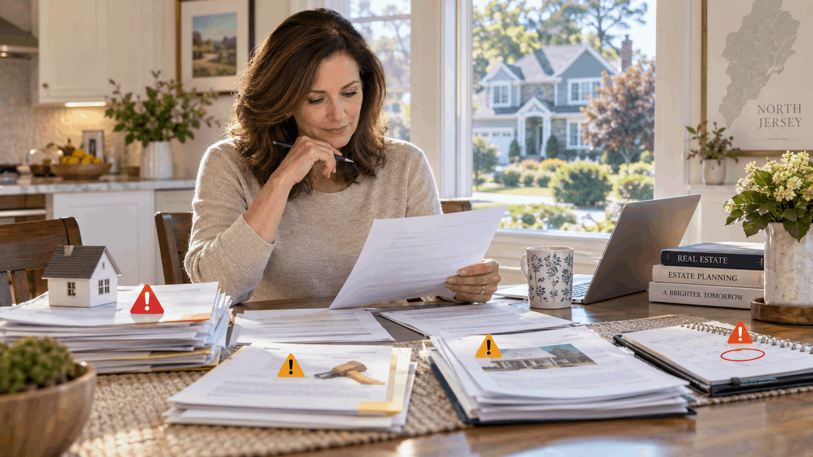 North Jersey homeowner reviewing inherited property documents with warning symbols highlighting mortgage notices, renovation costs, title issues, and important sale deadlines.