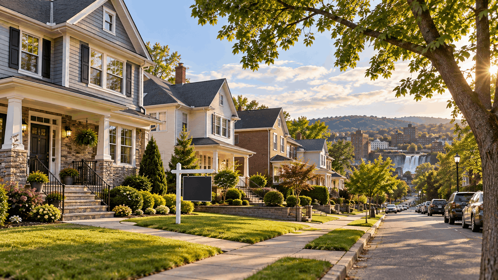 Attractive North Jersey residential neighborhood with well-kept single-family homes, tree-lined streets, and subtle real estate sale activity in Clifton and Paterson, New Jersey.
