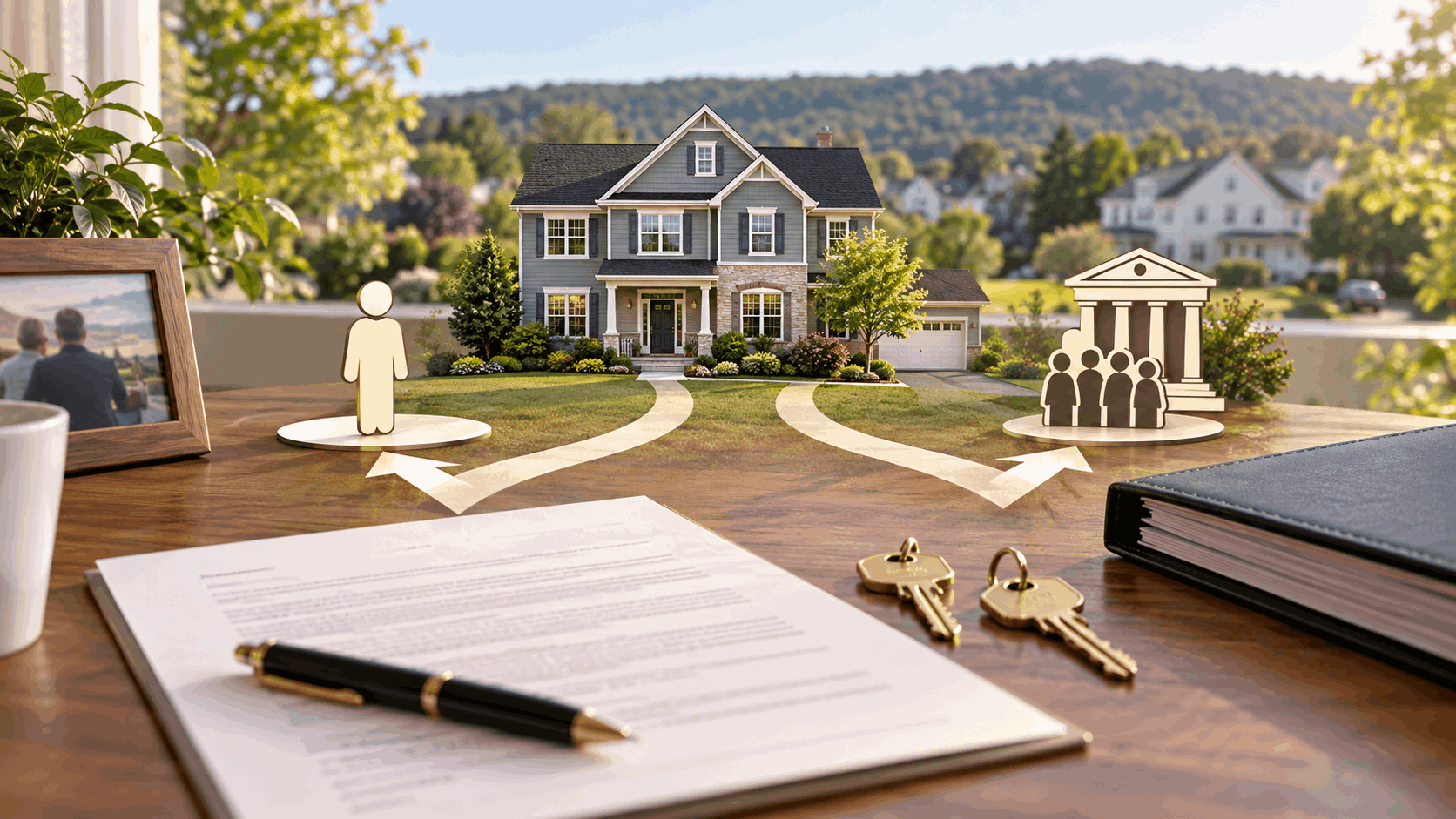 Educational New Jersey probate decision concept showing a house, deed, keys, and two ownership paths representing a surviving owner or the estate and probate process.