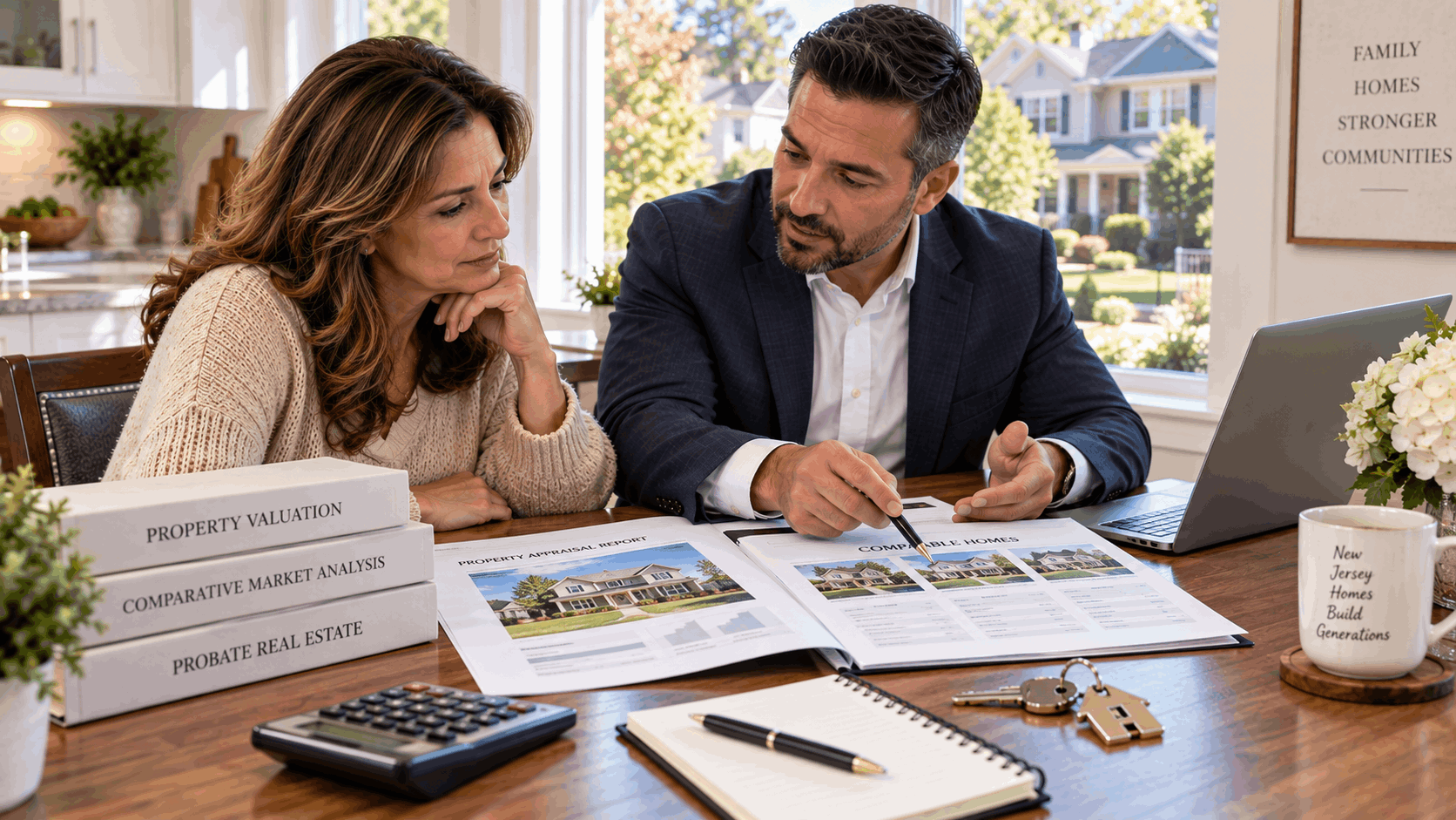 North Jersey heir meeting with a real estate professional to review a probate property valuation report and comparative market analysis at a bright kitchen table with a calculator and house key nearby.