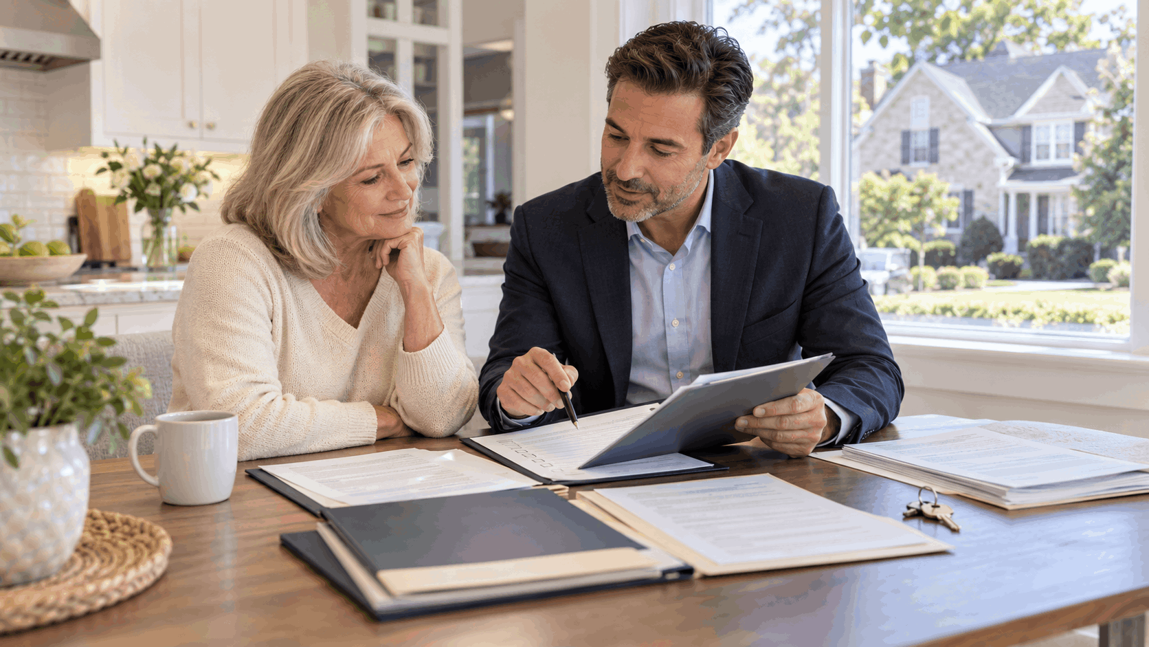 North Jersey homeowner meeting with a real estate professional to review probate property paperwork, deed, title documents, and house key before listing the home.