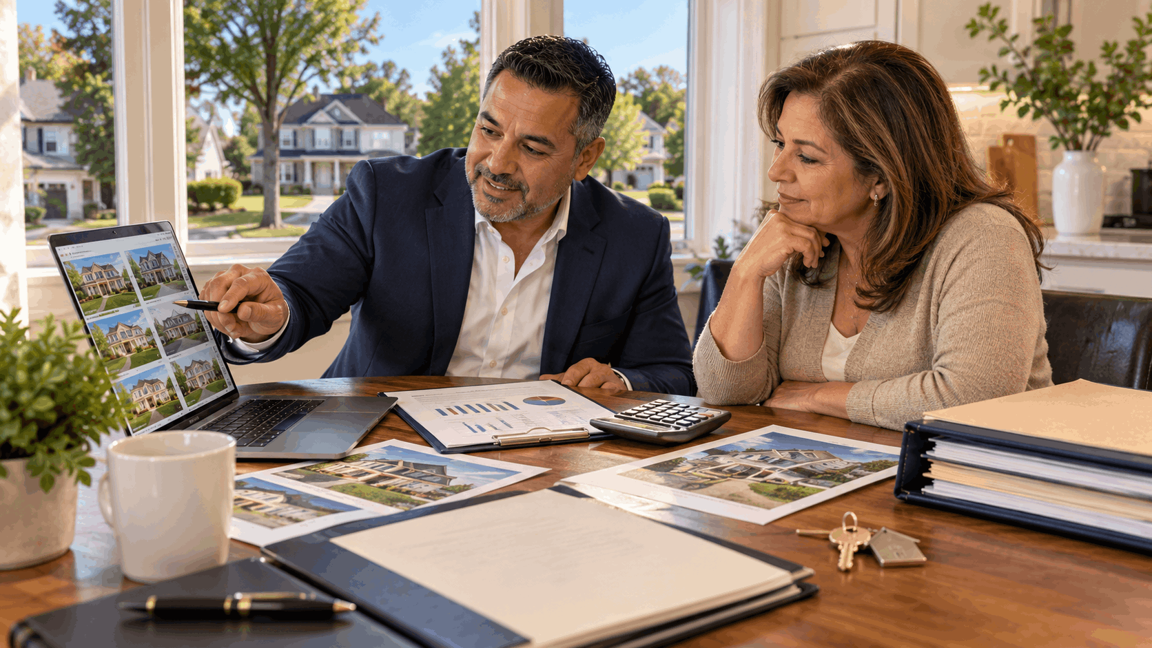 North Jersey homeowner reviewing comparable homes and a market analysis with a real estate professional during a probate home valuation consultation.