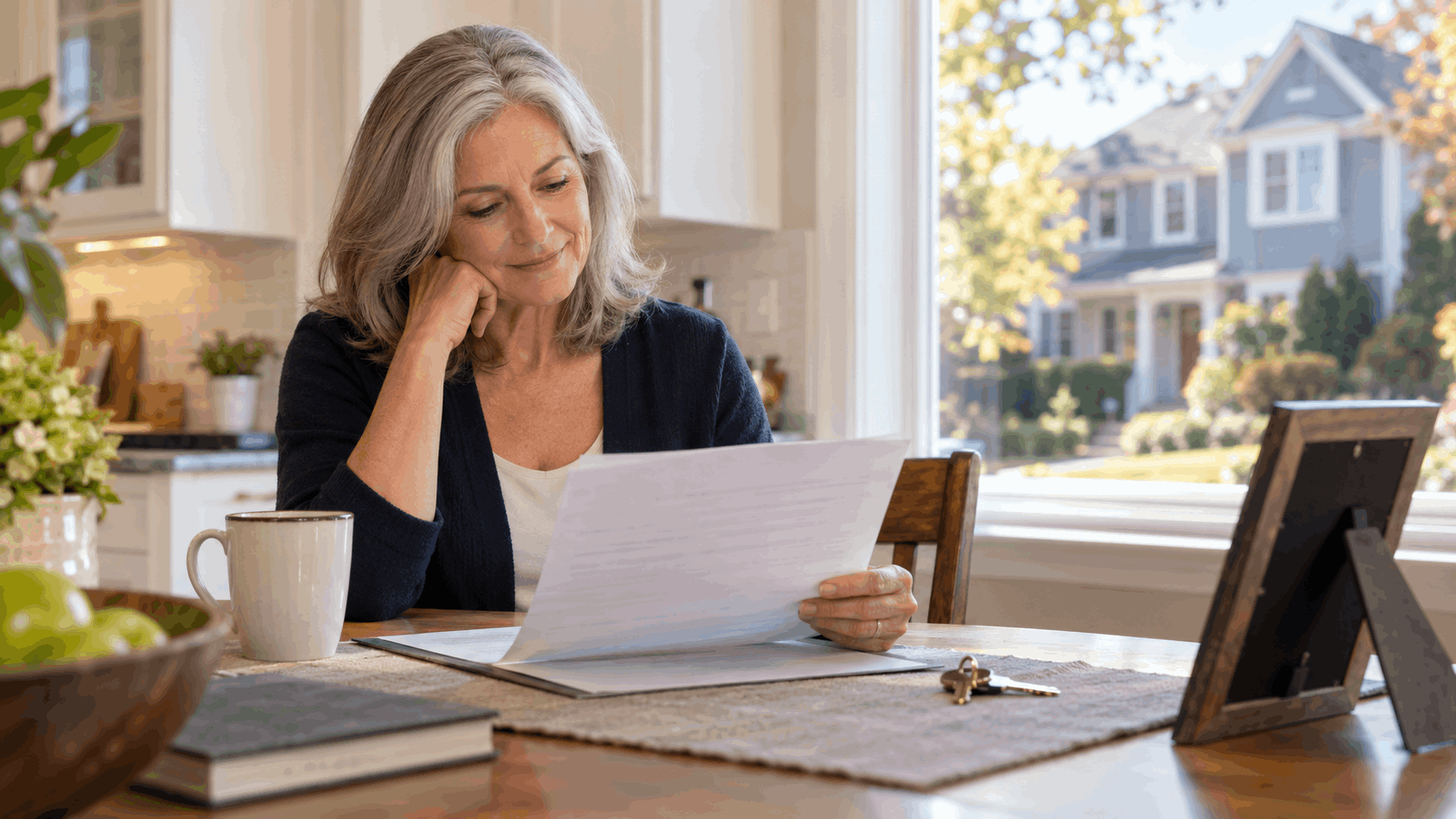 North Jersey homeowner reviewing a property deed and house key after the death of a spouse or co-owner in New Jersey.
