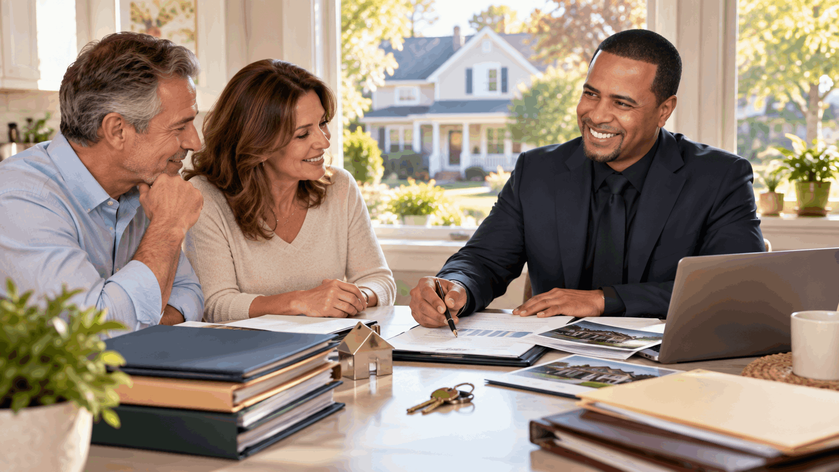 North Jersey heir meeting with an experienced local real estate professional to review mortgage, tax, probate, and home valuation documents at a bright kitchen table with a house key and a home visible through the window.