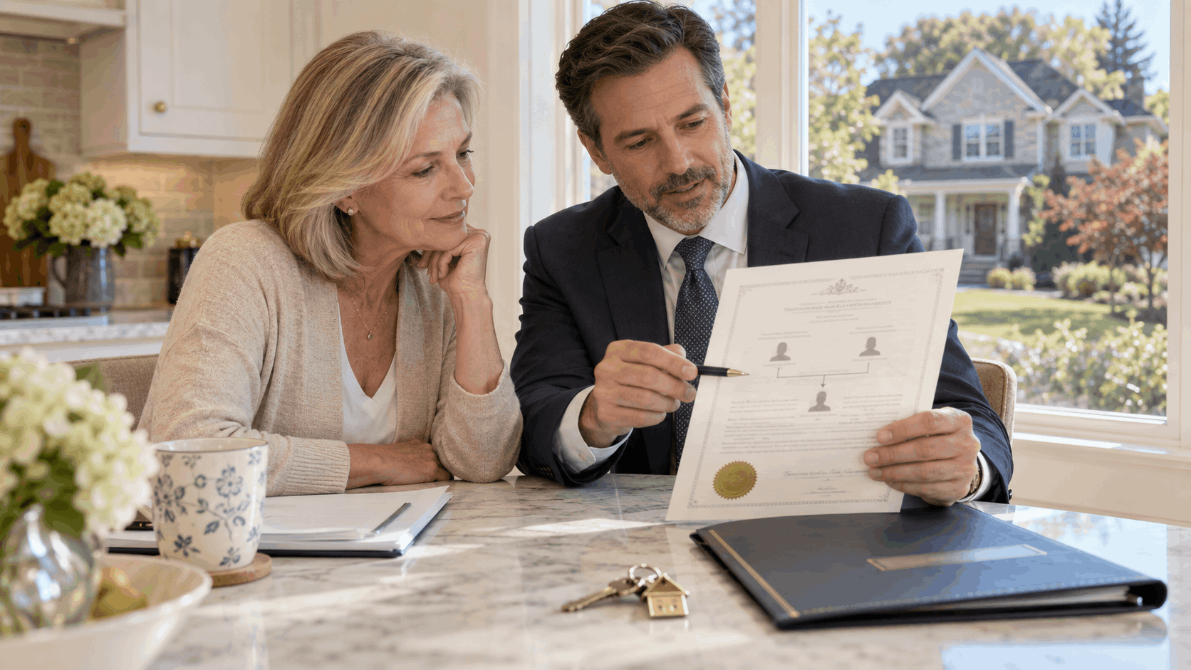 Surviving New Jersey spouse reviewing a home deed with an estate professional after the death of a co-owner.