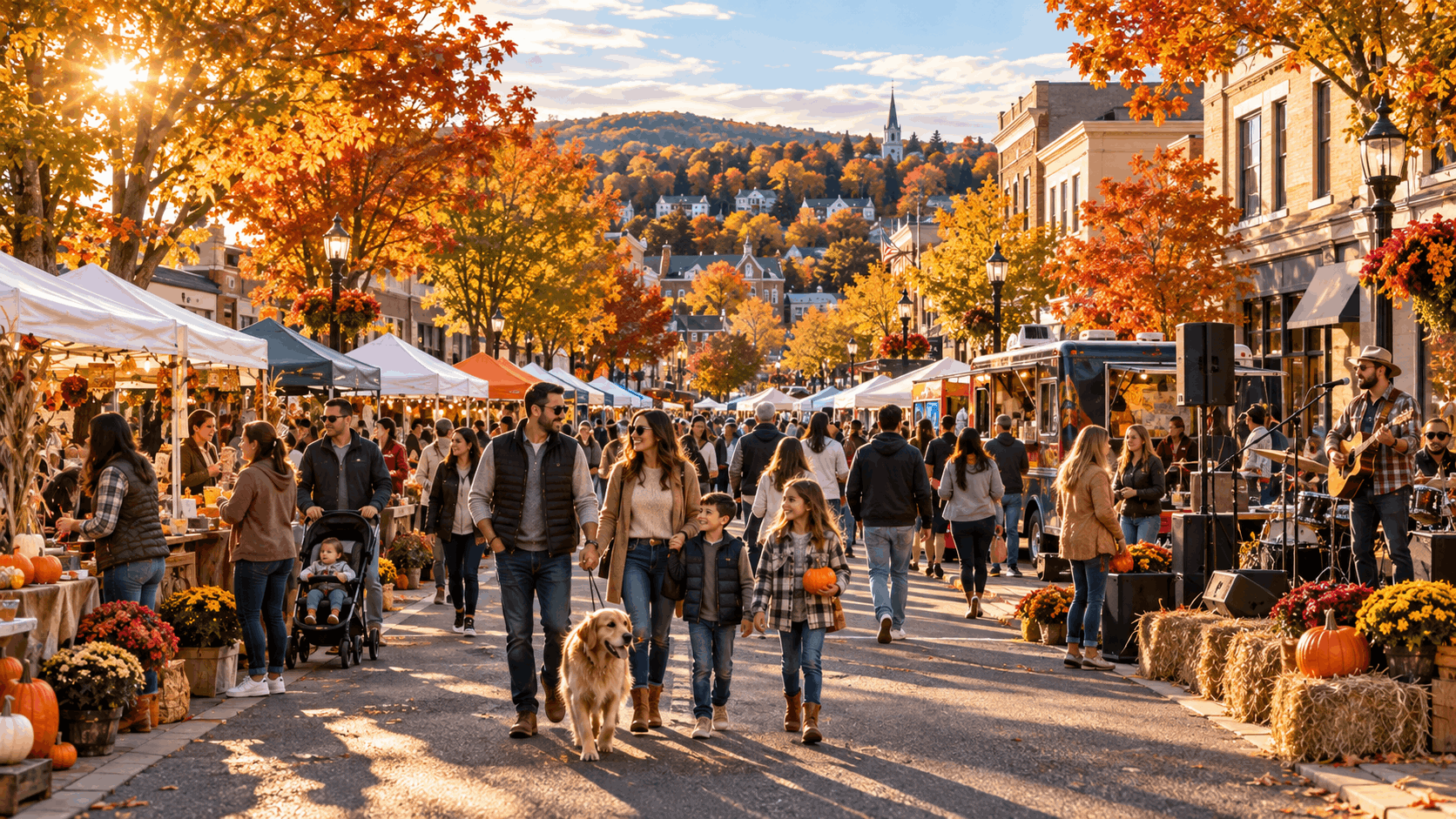 Families enjoying a walkable North Jersey fall street fair with artisan tents, food trucks, live music, local shops and colorful autumn trees.
