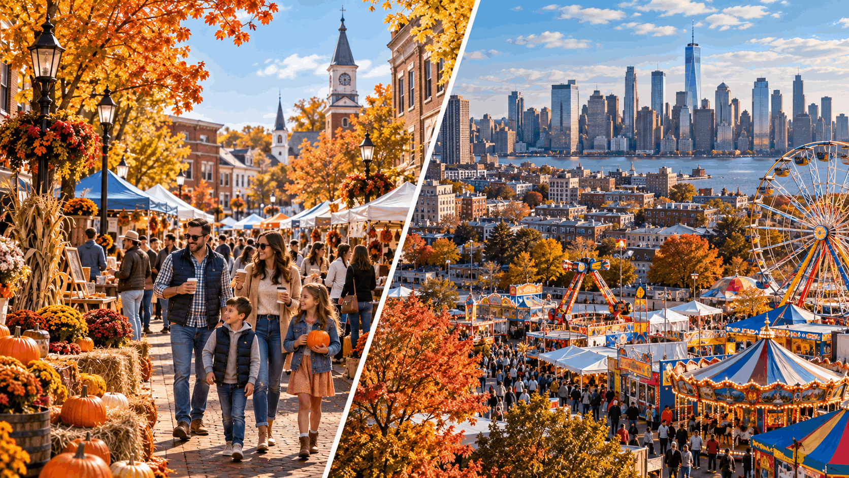 Split view of a Cranford, NJ fall festival with artisan booths and pumpkins beside a Hudson County carnival with rides, neighborhoods and skyline views.