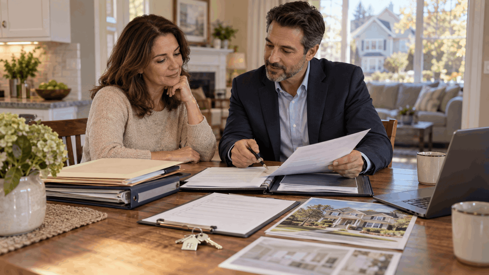 North Jersey heir reviewing probate, home valuation and property planning documents with a real estate professional at a quiet kitchen table.