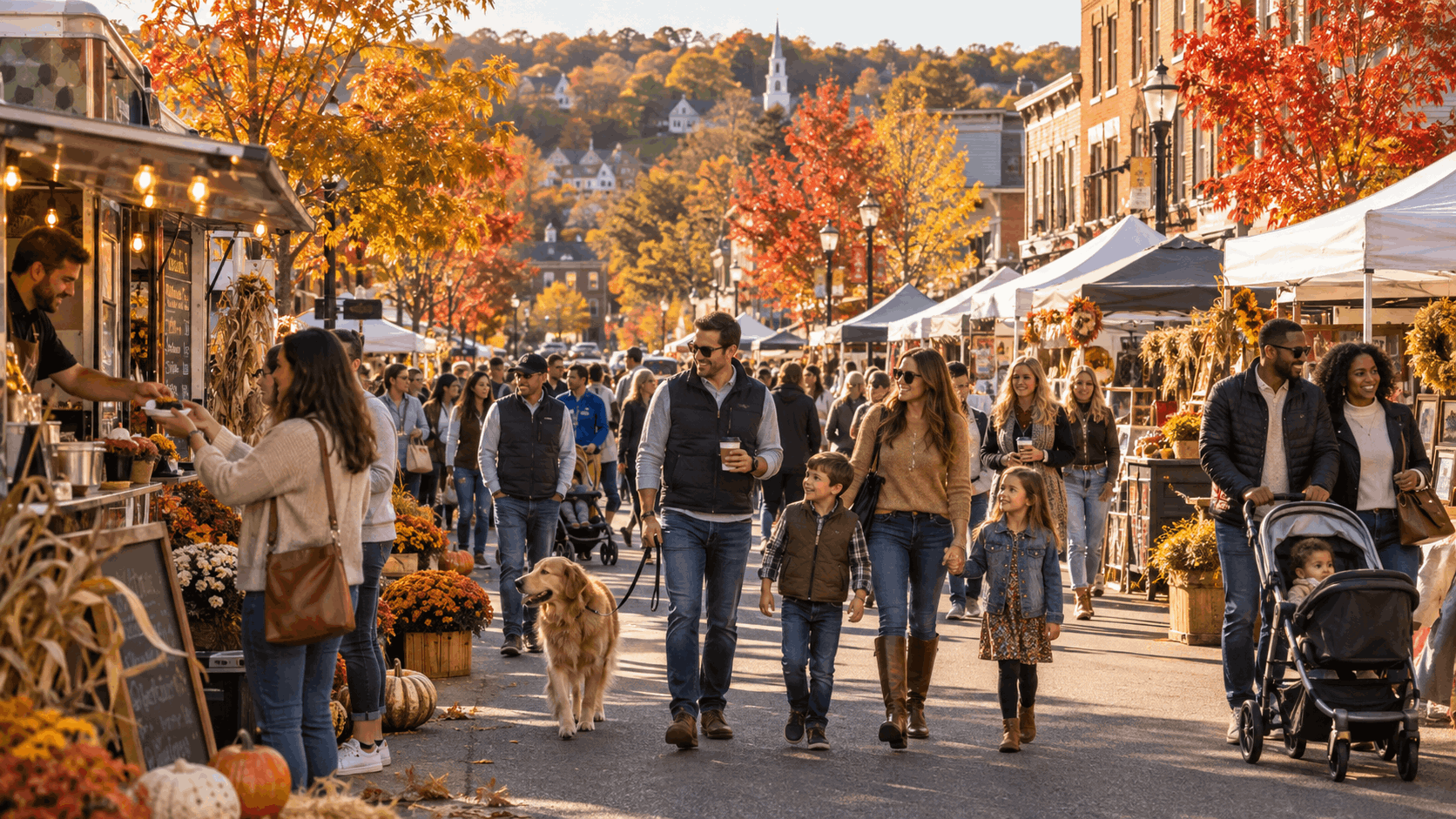 Families enjoying a vibrant North Jersey fall street fair with food vendors, craft tents, colorful autumn trees and downtown storefronts during golden hour.