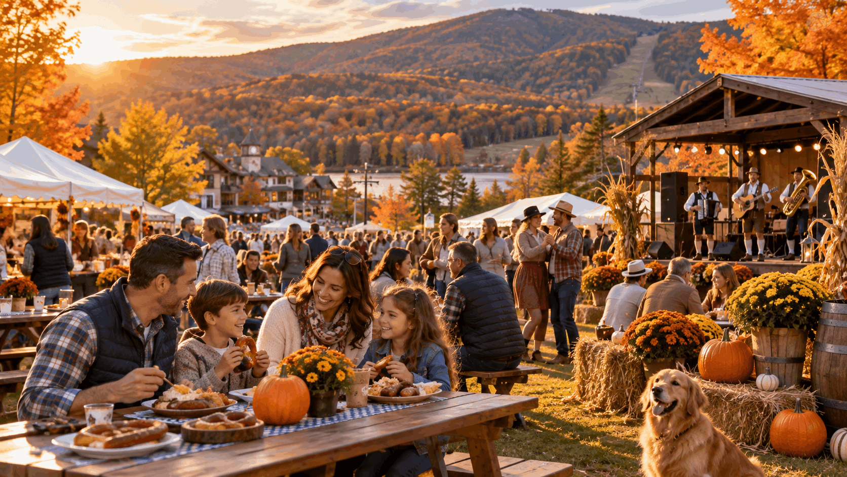 Families enjoying a scenic Oktoberfest celebration in Vernon, NJ, with mountain views, German-inspired food, live music and colorful fall foliage.