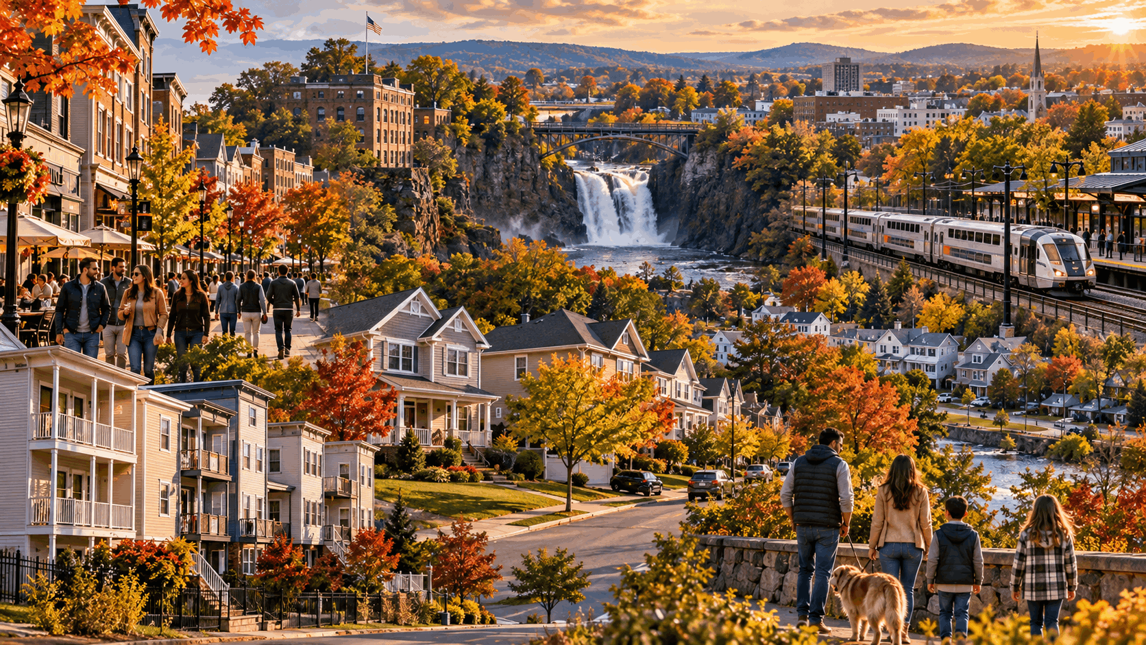 North Jersey real estate lifestyle scene featuring Paterson Great Falls, Clifton neighborhoods, Bergen County downtown areas, commuter rail and local homes in fall.