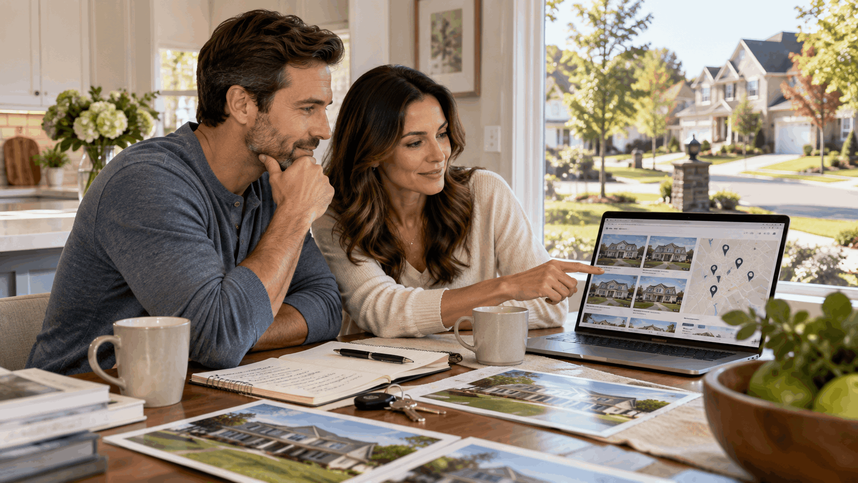 North Jersey homebuyers reviewing multiple homes on a laptop with property photos, a map, house key and neighborhood notes at a bright kitchen table.