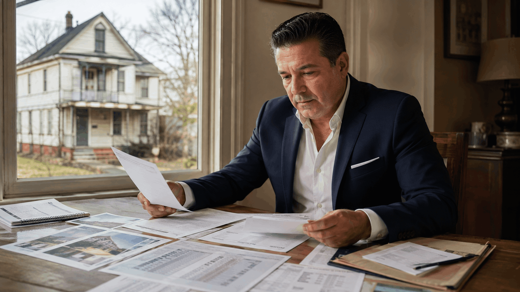 Johnny Rodriguez reviews an inherited North Jersey property valuation, repair estimates, tax records, liens, and mortgage payoff documents.