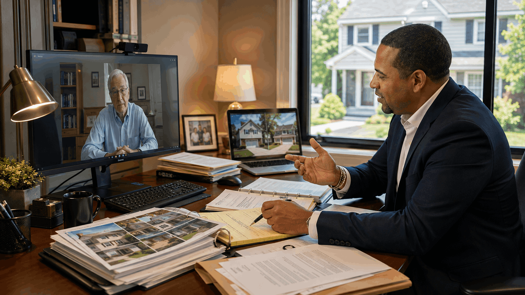 Johnny Rodriguez coordinates a remote New Jersey probate property sale with an out-of-state executor during a video call.