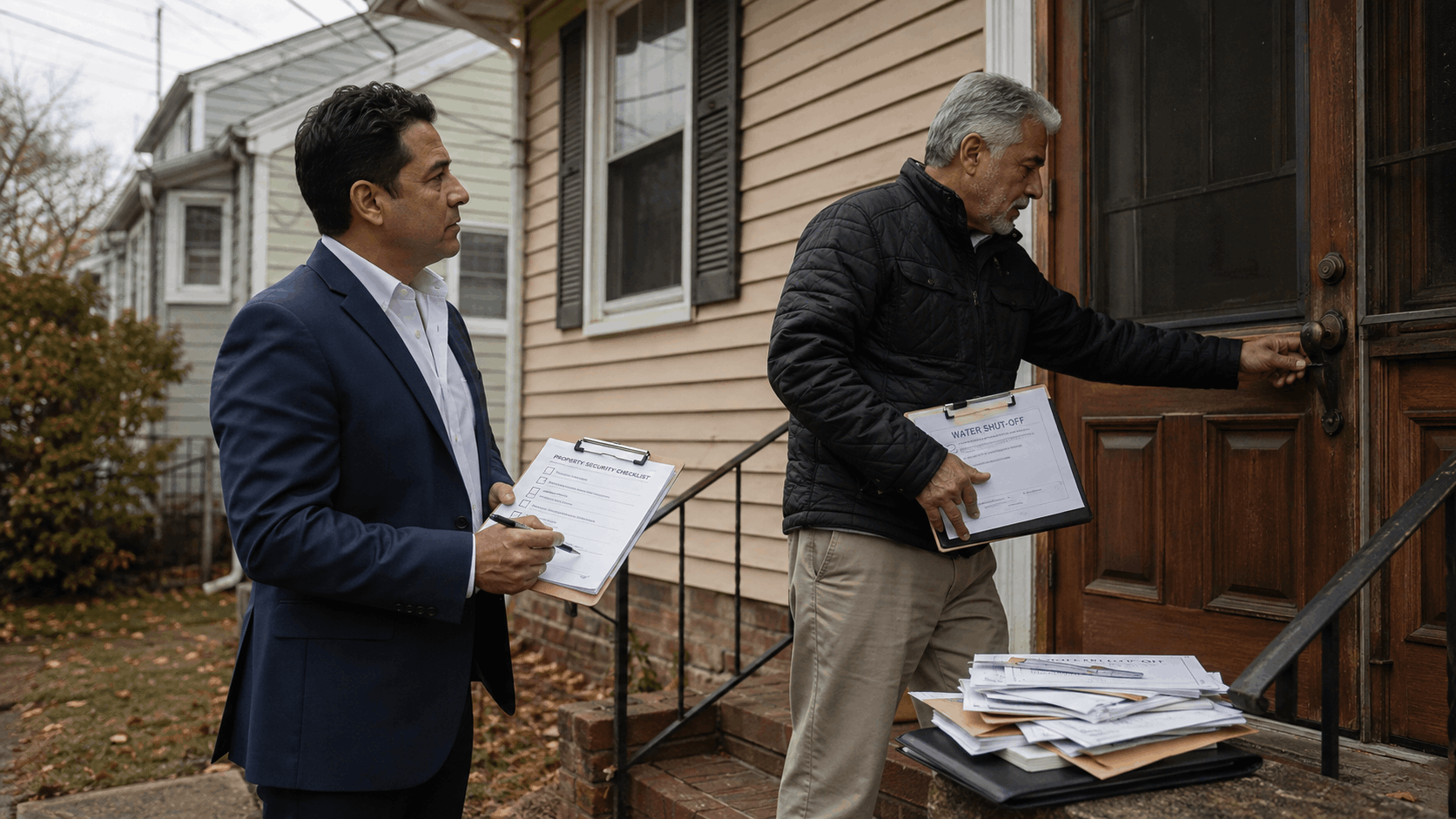 Johnny Rodriguez and an estate representative inspect and secure a vacant inherited home in Passaic County, New Jersey.