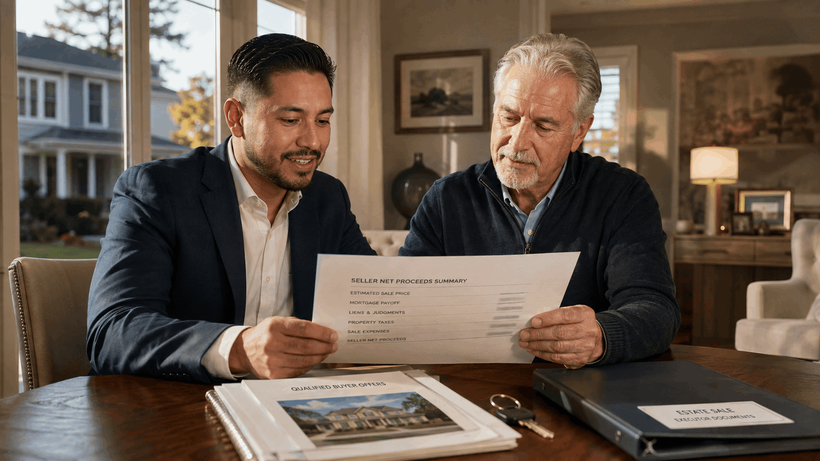 Johnny Rodriguez reviews a positive-equity seller net sheet and qualified buyer offers with the executor of an inherited North Jersey home.