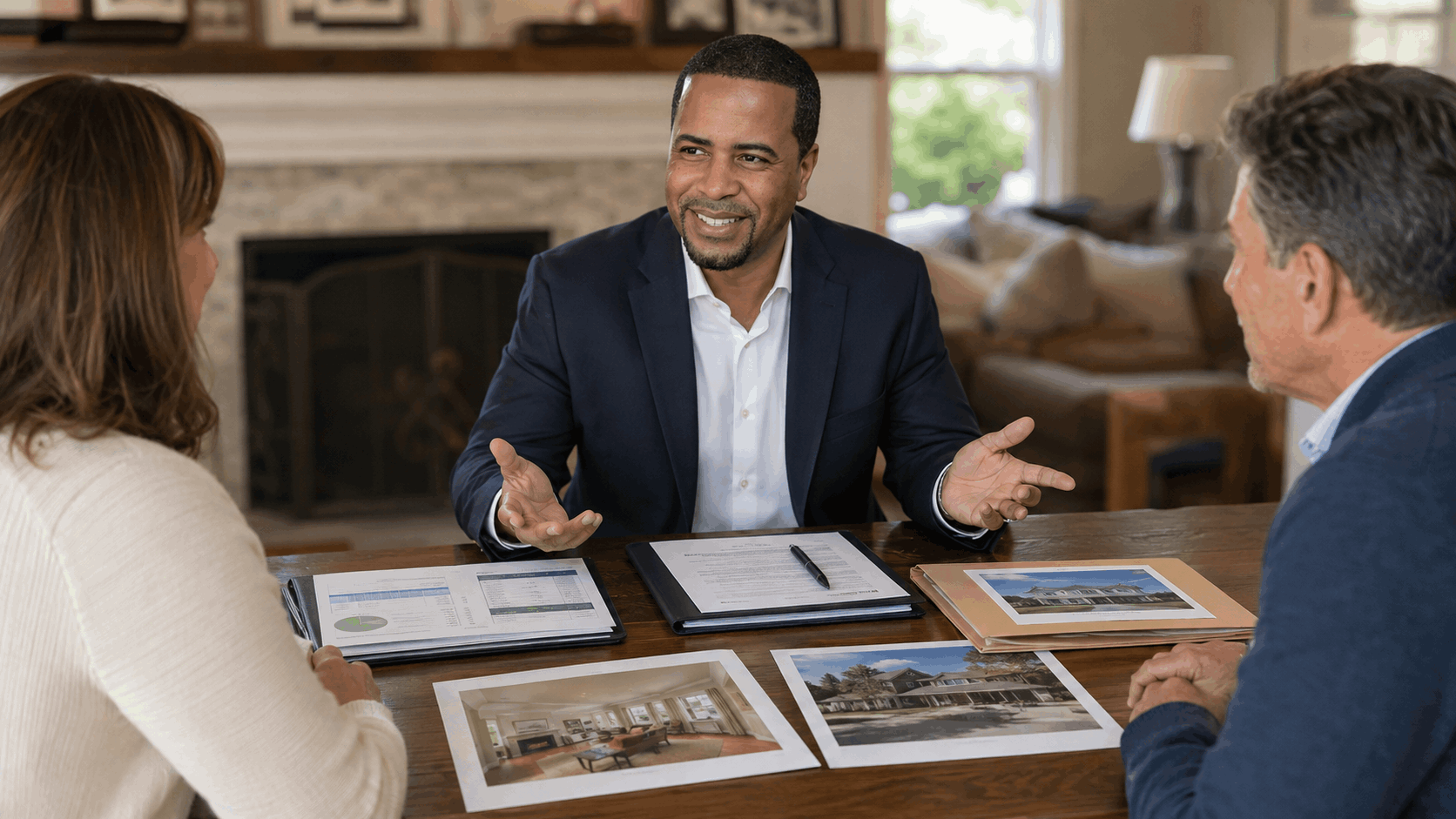 Johnny Rodriguez explains probate property repair funding options to two heirs inside an inherited North Jersey home.