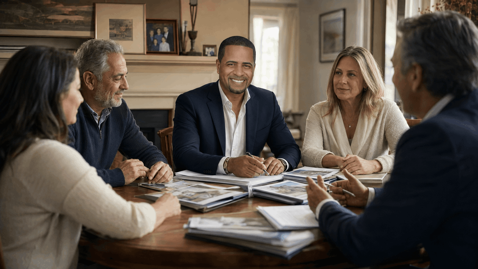 Johnny Rodriguez, adult heirs, and an estate attorney discuss options for an inherited North Jersey property during a calm family meeting.