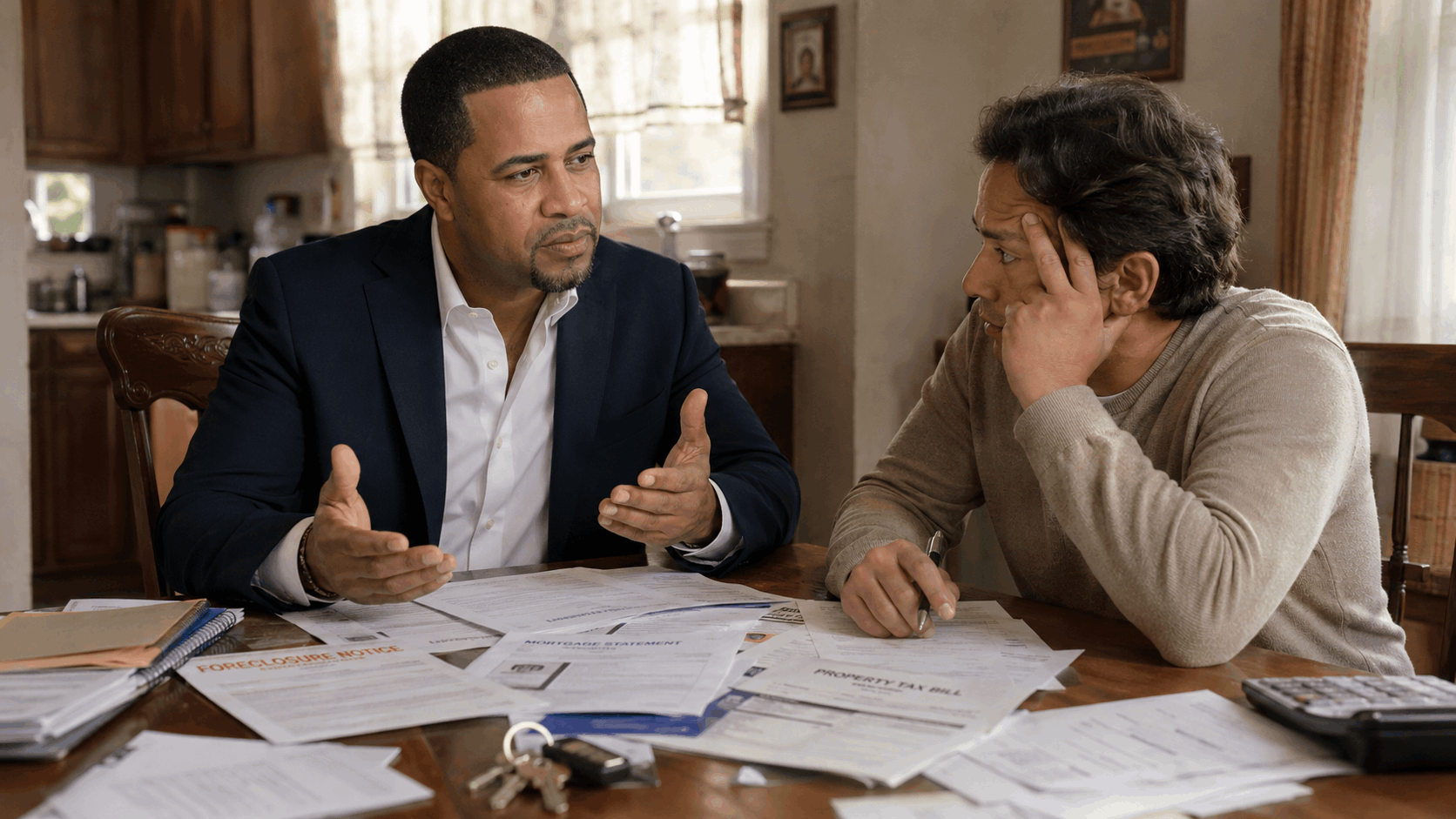 Johnny Rodriguez explains foreclosure and probate options to an overwhelmed heir inside an inherited North Jersey home.